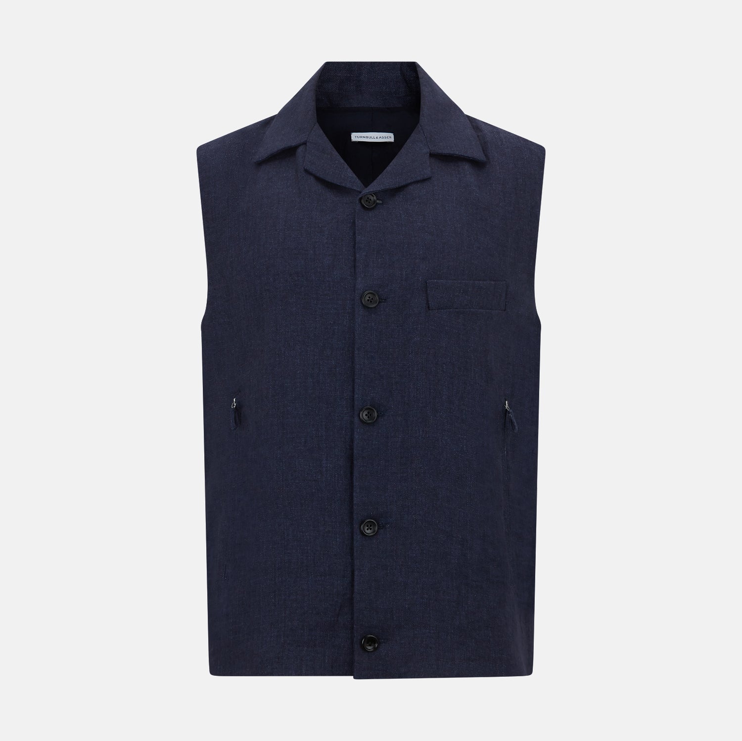 View 1 of product Turnbull & Asser Navy Collared Linen Waistcoat features a tailored fit, sleeveless design, button-up front, left chest pocket, and two zippered side pockets, shown against a plain white background.