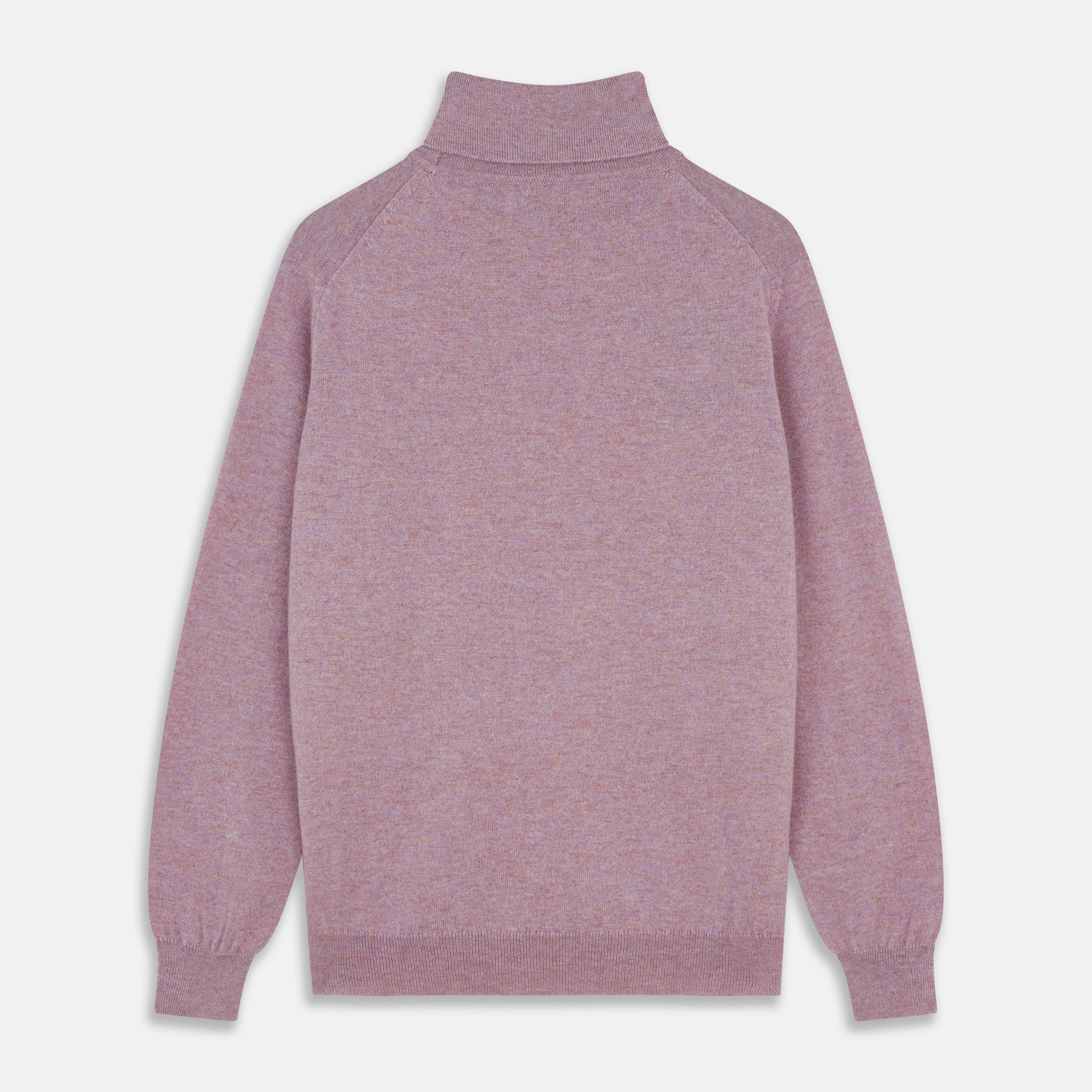 View 3 of product The Turnbull & Asser Lilac Heather Aubrey Cashmere Roll Neck Jumper features ribbed cuffs and hem—ideal for pairing with your favorite tailored trousers.