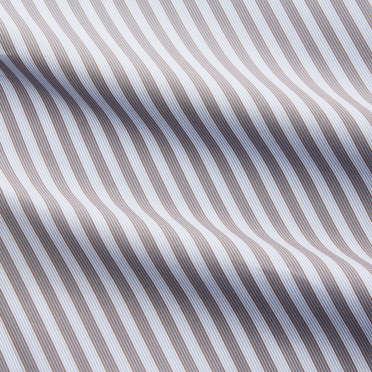 View 4 of product The Turnbull & Asser Pale Blue Multi Stripe Cotton Regular Fit Mayfair Shirt features long sleeves, a pointed collar, buttoned cuffs, and vertical stripes in pale blue tones, displayed against a white background.