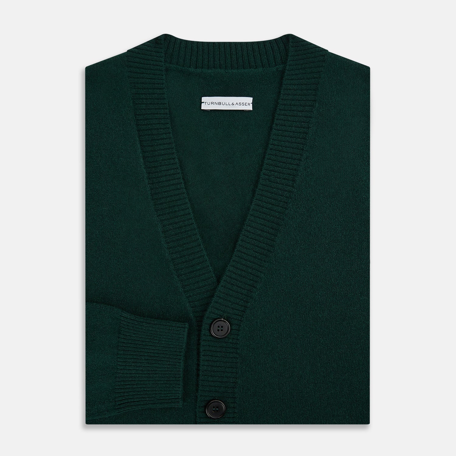 View 4 of product The Turnbull & Asser Forest Green Cashmere Cardigan—featuring long sleeves, a V-neck, button-down front, ribbed cuffs and hem, plus two front pockets—is shown against a plain white background.