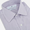 View 2 of product The Turnbull & Asser Purple Micro Check Mayfair Shirt features long sleeves, button-up front, pointed collar, and buttoned cuffs in a subtle lilac and white check, exemplifying British craftsmanship and displayed on a white background.