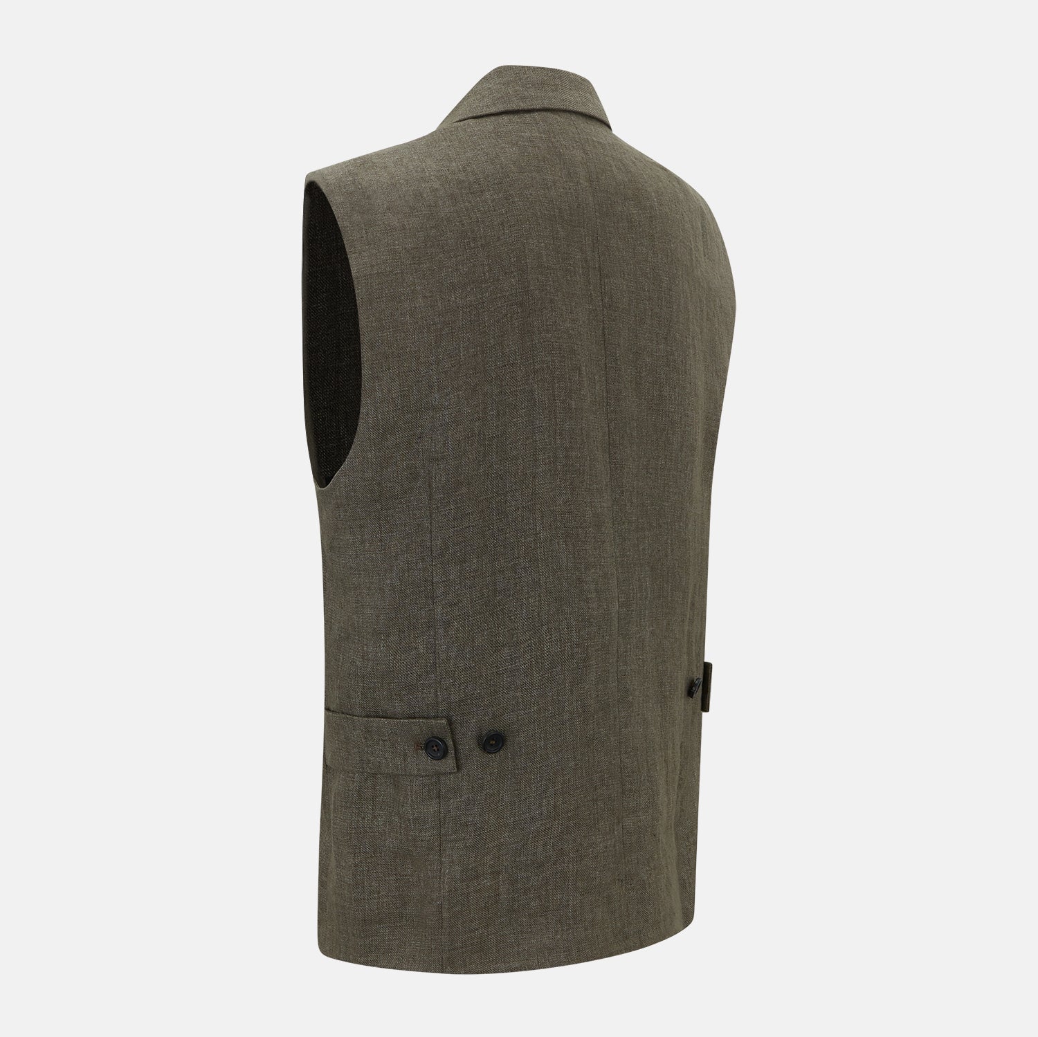 View 4 of product The Turnbull & Asser Olive Collared Linen Waistcoat is a sleeveless olive waistcoat with a collar, front buttons, one chest pocket, and two zippered side pockets, shown against a plain white background.