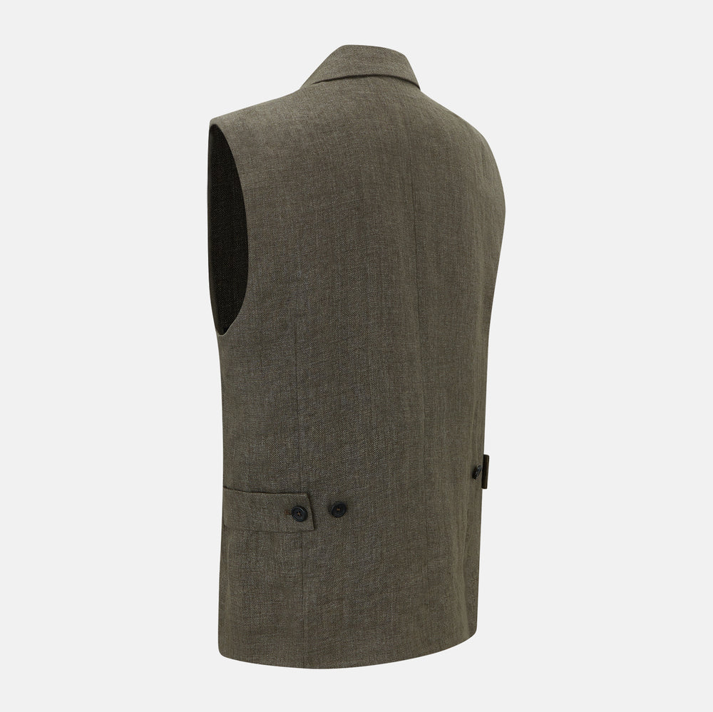The Turnbull & Asser Olive Collared Linen Waistcoat is a sleeveless olive waistcoat with a collar, front buttons, one chest pocket, and two zippered side pockets, shown against a plain white background.