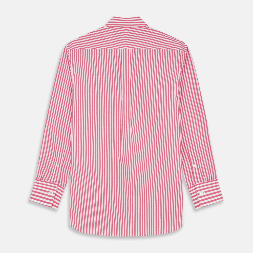 The Pink Candy Stripe Cotton Weekend Fit Finch Shirt by Turnbull & Asser features vertical red and white stripes, a left chest pocket, and a classic collar—an essential men’s wardrobe staple shown against a white backdrop.