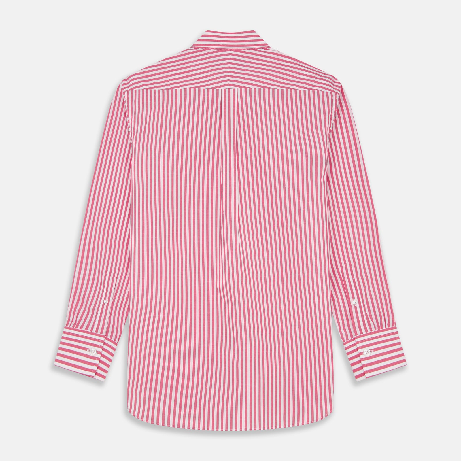 View 5 of product The Pink Candy Stripe Cotton Weekend Fit Finch Shirt by Turnbull & Asser features vertical red and white stripes, a left chest pocket, and a classic collar—an essential men’s wardrobe staple shown against a white backdrop.