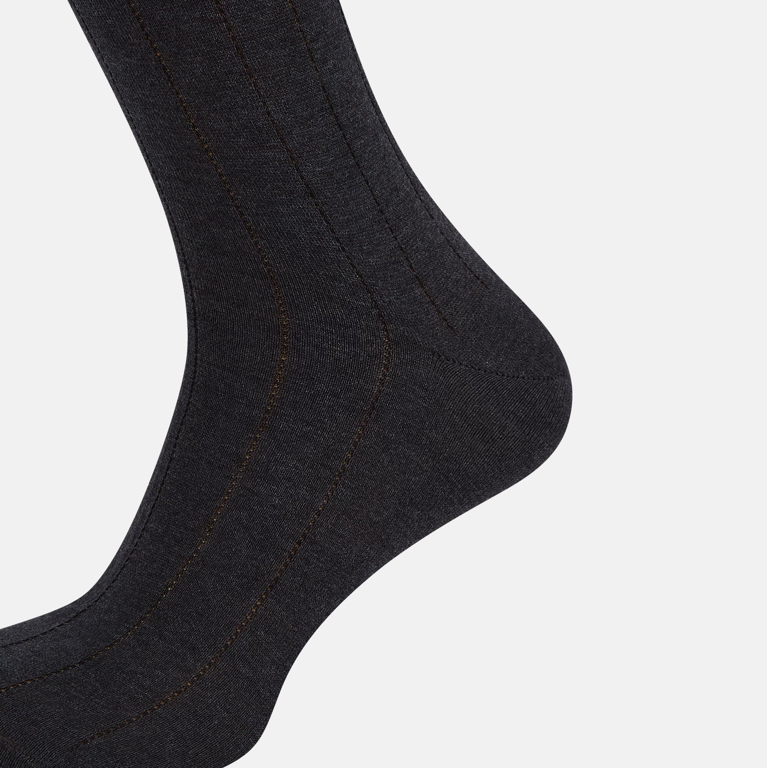 View 4 of product A Charcoal Dash Striped Mid-Length Sock from Turnbull & Asser is shown on a plain white background, positioned to emphasize its ribbed texture and length.
