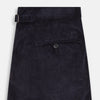 View 4 of product The Turnbull & Asser Navy Corduroy Henry Trousers are tailored fit with a straight-leg cut, made from a wool-cotton blend, and feature front button and zip closure, shown against a plain white background.