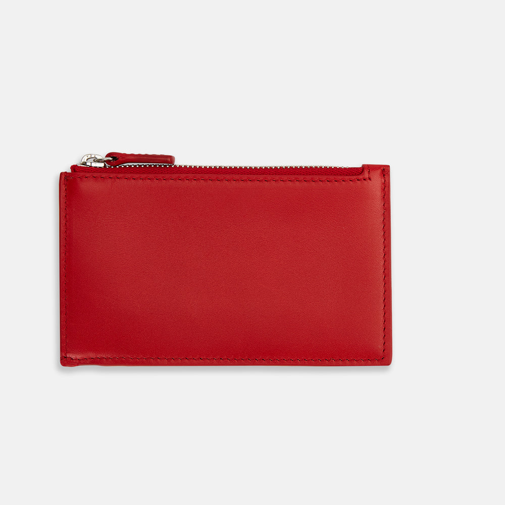 The Red Leather Zip Coin and Card Holder by Turnbull & Asser features four card slots, a slim pocket, a zip compartment, and white embossed branding on the front.