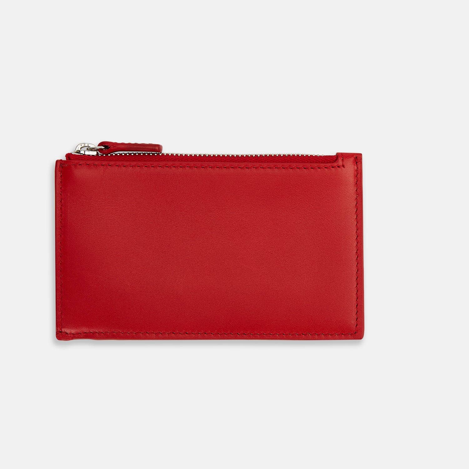 View 3 of product The Red Leather Zip Coin and Card Holder by Turnbull & Asser features four card slots, a slim pocket, a zip compartment, and white embossed branding on the front.