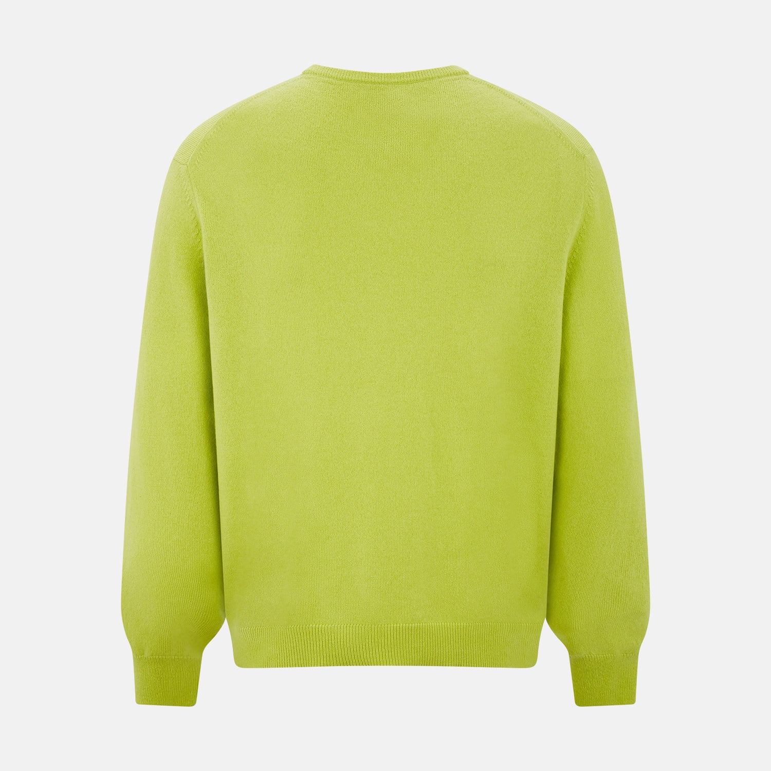 View 3 of product The Lemon Green Cashmere V-neck Jumper by Turnbull & Asser features ribbed cuffs and hem—an essential long sleeve knitwear piece, shown against a white background.