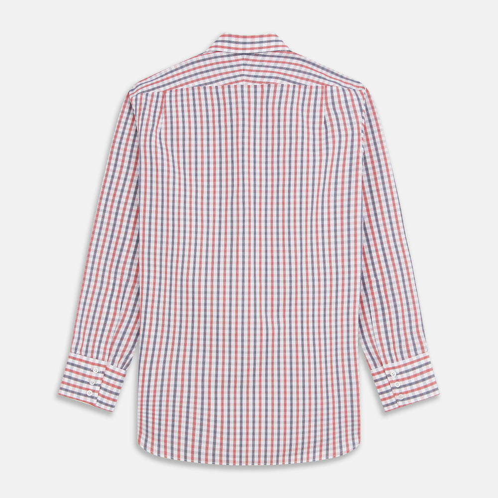 The Turnbull & Asser Navy and Red Check Cotton Regular Fit Mayfair Shirt features a classic T&A collar and long sleeves, shown laid flat on a white background.