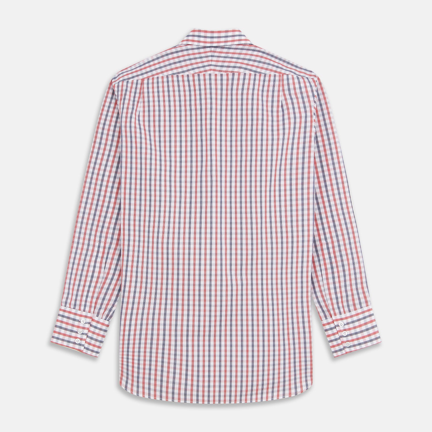 View 4 of product The Turnbull & Asser Navy and Red Check Cotton Regular Fit Mayfair Shirt features a classic T&A collar and long sleeves, shown laid flat on a white background.