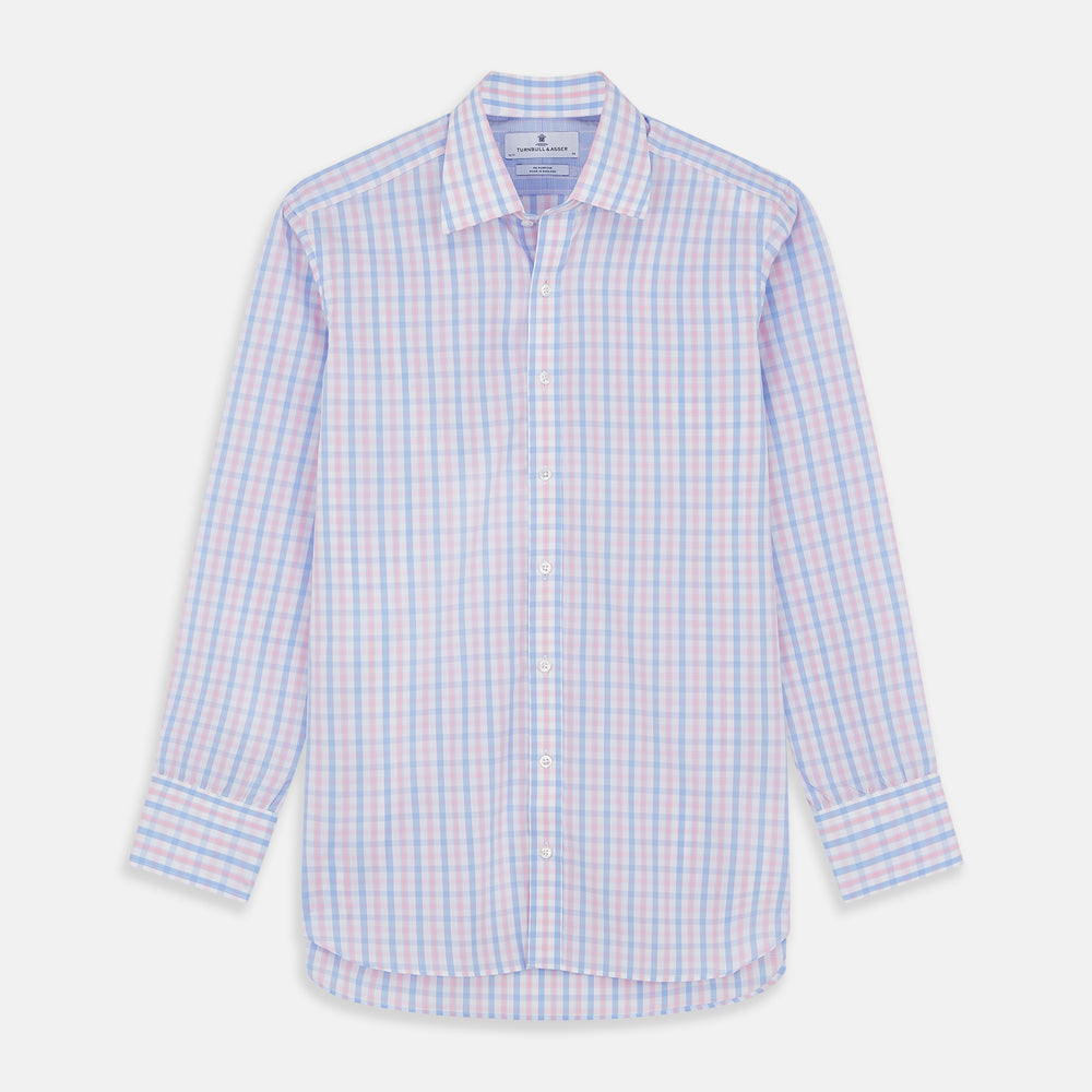 The Turnbull & Asser Red and Blue Multi Check Cotton RE-PURPOSE Mayfair shirt is a sustainable, long-sleeve button-up with a collar and cuffed sleeves, crafted from recycled fabrics and shown laid flat on a white background.