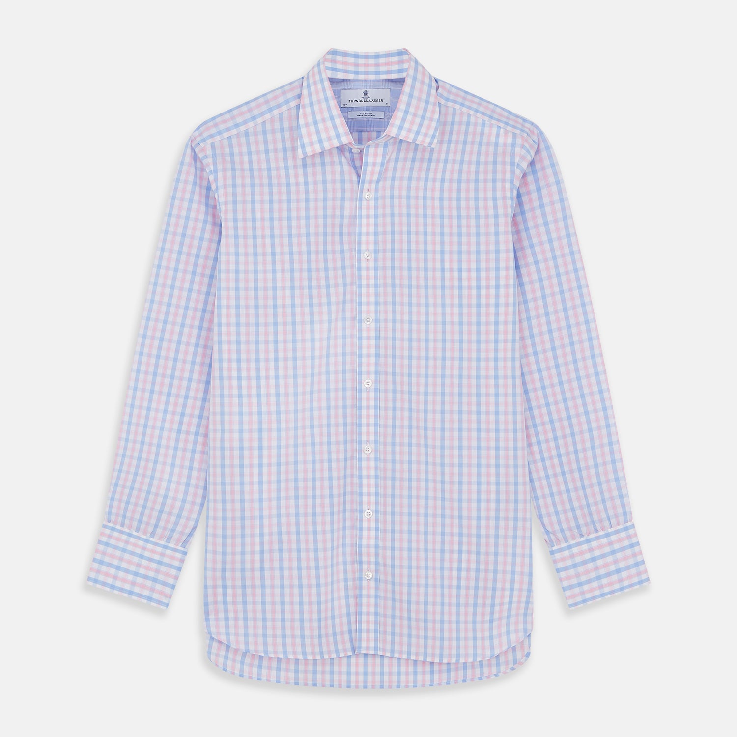 View 1 of product The Turnbull & Asser Red and Blue Multi Check Cotton RE-PURPOSE Mayfair shirt is a sustainable, long-sleeve button-up with a collar and cuffed sleeves, crafted from recycled fabrics and shown laid flat on a white background.