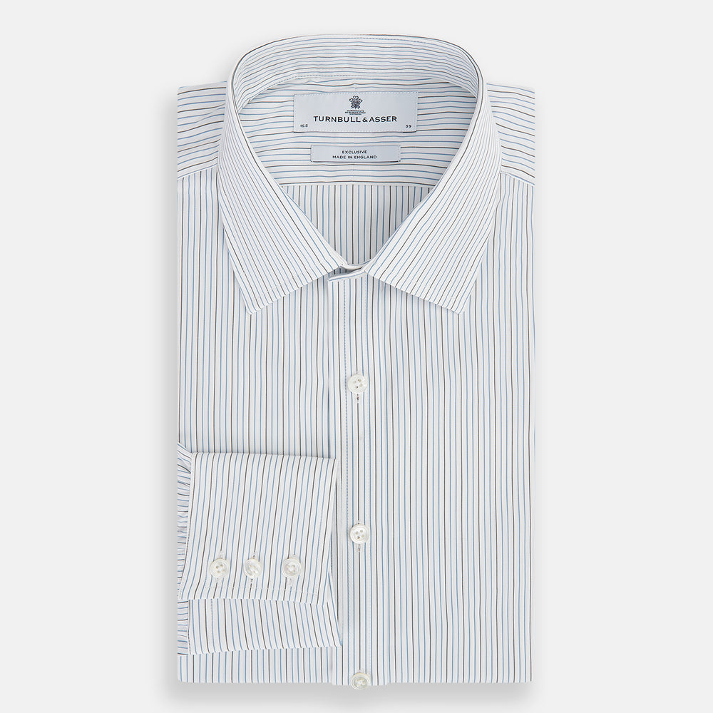 The Navy and Brown Pinstripe Mayfair Shirt by Turnbull & Asser, crafted from Italian cotton with long sleeves, a collar, and buttoned cuffs, is displayed on a plain white background.