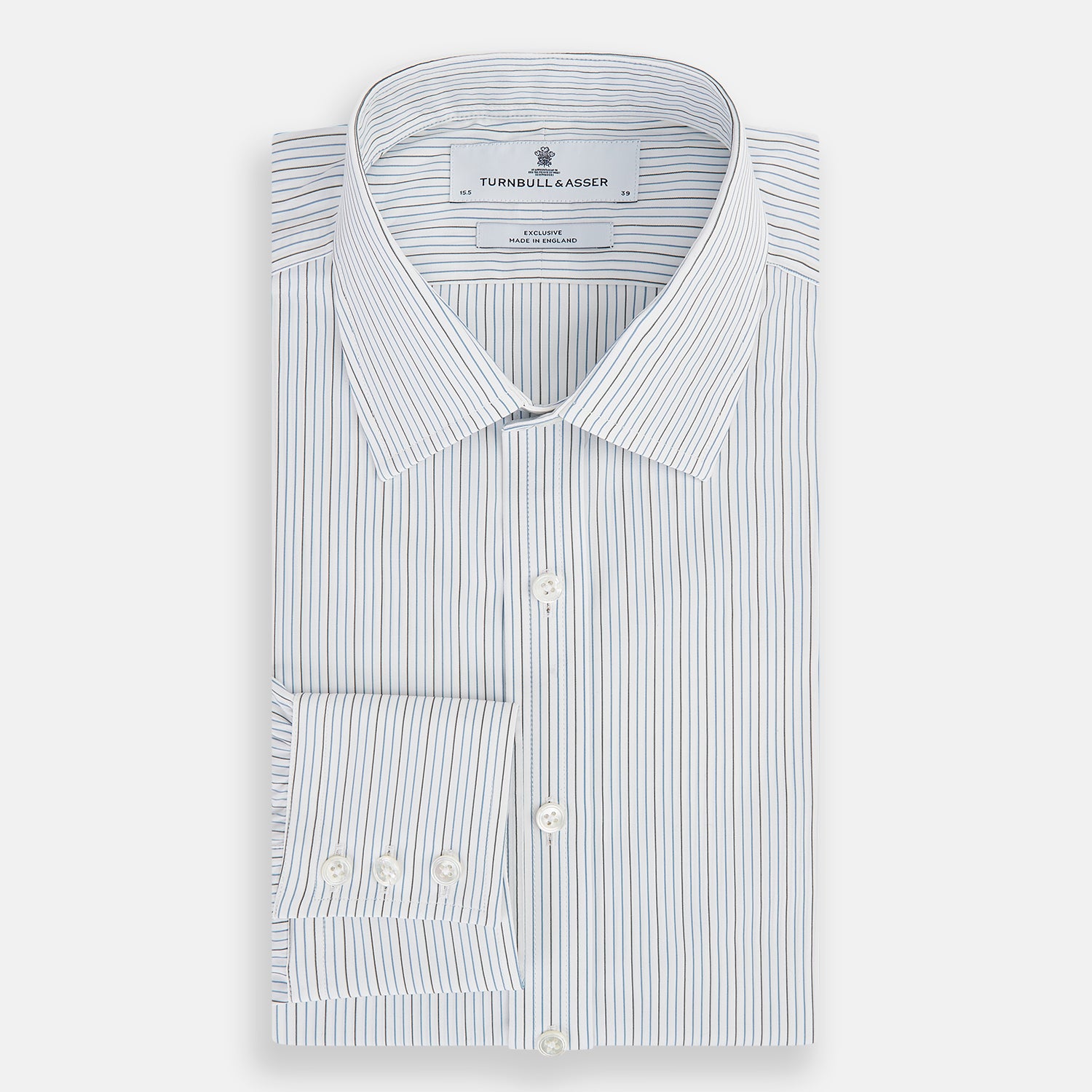 View 5 of product The Navy and Brown Pinstripe Mayfair Shirt by Turnbull & Asser, crafted from Italian cotton with long sleeves, a collar, and buttoned cuffs, is displayed on a plain white background.
