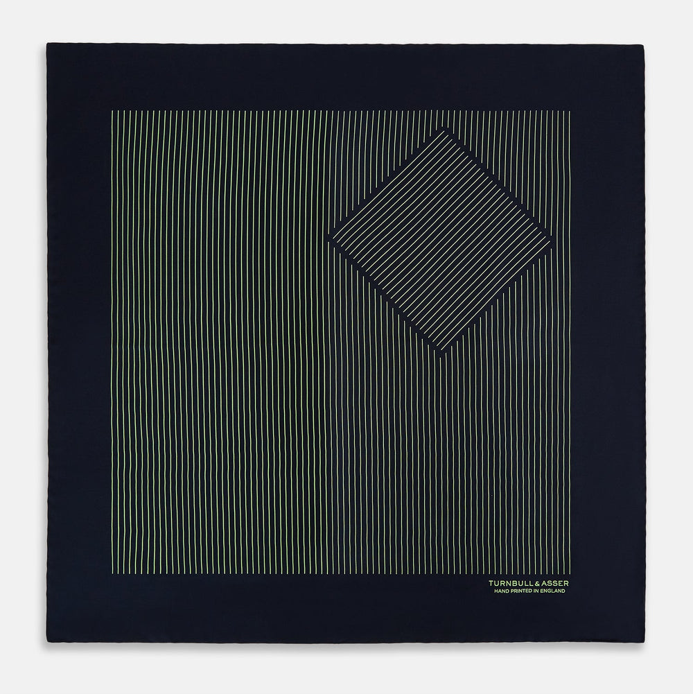 The Navy and Melon Green Stripe Silk Pocket Square by Turnbull & Asser features refined stripes, hand-printed branding in the corner, and is finished with elegant hand-rolled edges.