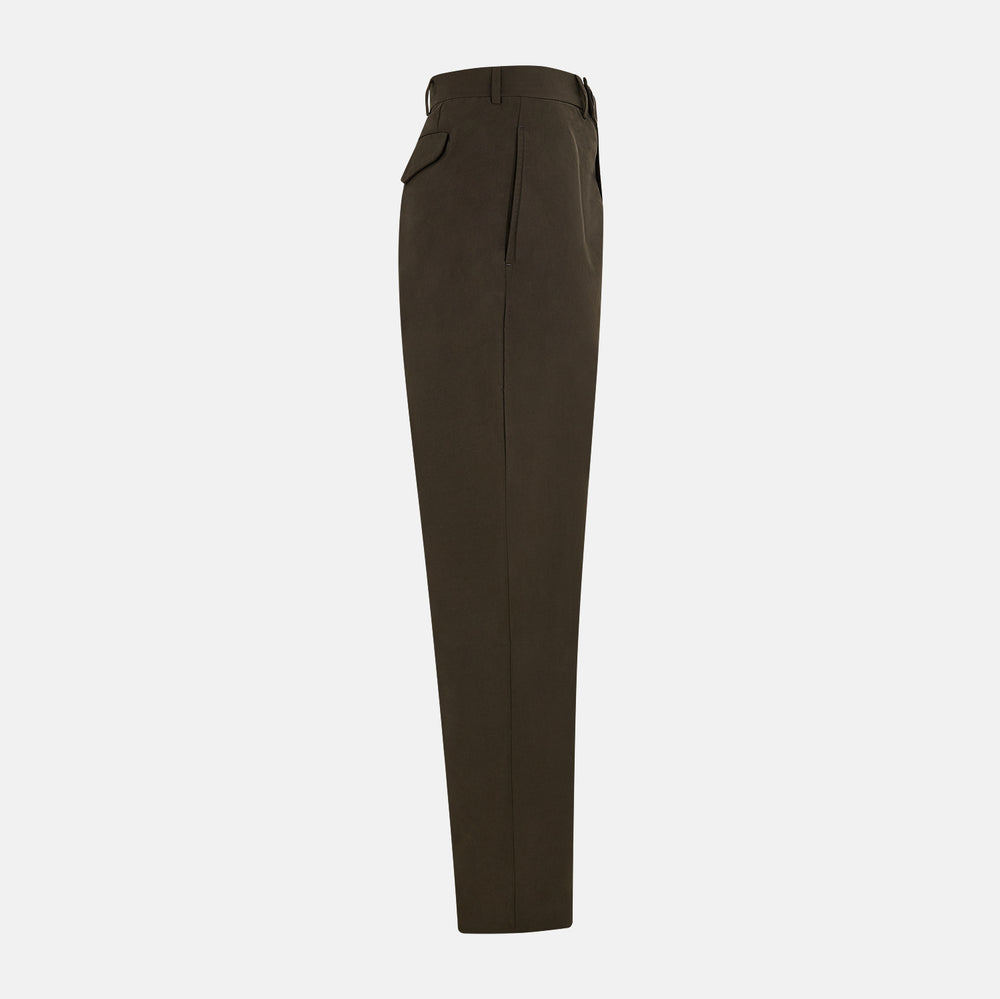 A pair of straight-leg Moss Green Winston Trousers by Turnbull & Asser in high-twist cotton with belt loops, button closure, and side pockets, displayed on a plain white background.