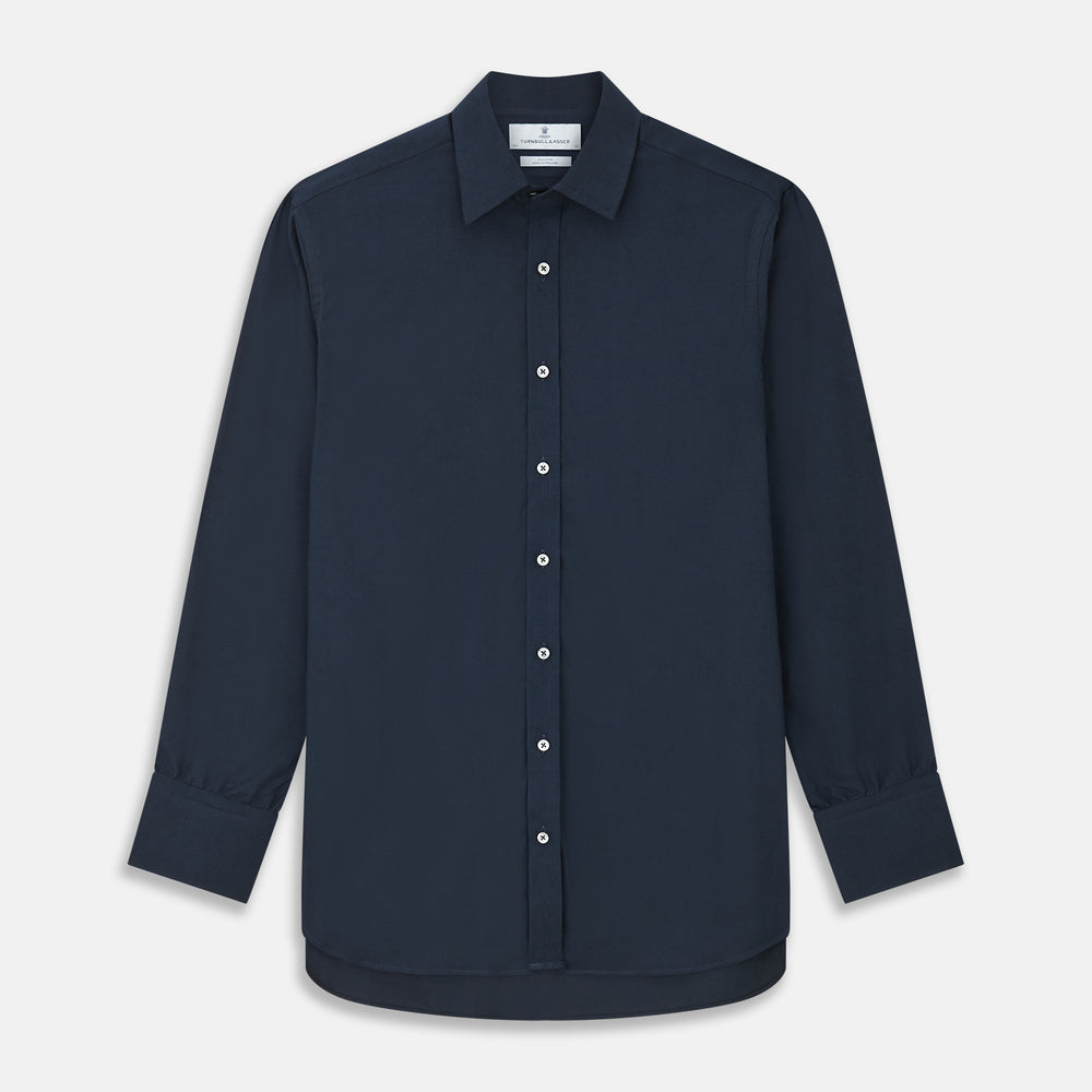 The Turnbull & Asser Navy Cotton Regular Fit Mayfair Shirt is a long-sleeved men’s formal shirt with a collar and white buttons, shown against a plain white background.