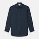 The Turnbull & Asser Navy Cotton Regular Fit Mayfair Shirt is a long-sleeved men’s formal shirt with a collar and white buttons, shown against a plain white background.