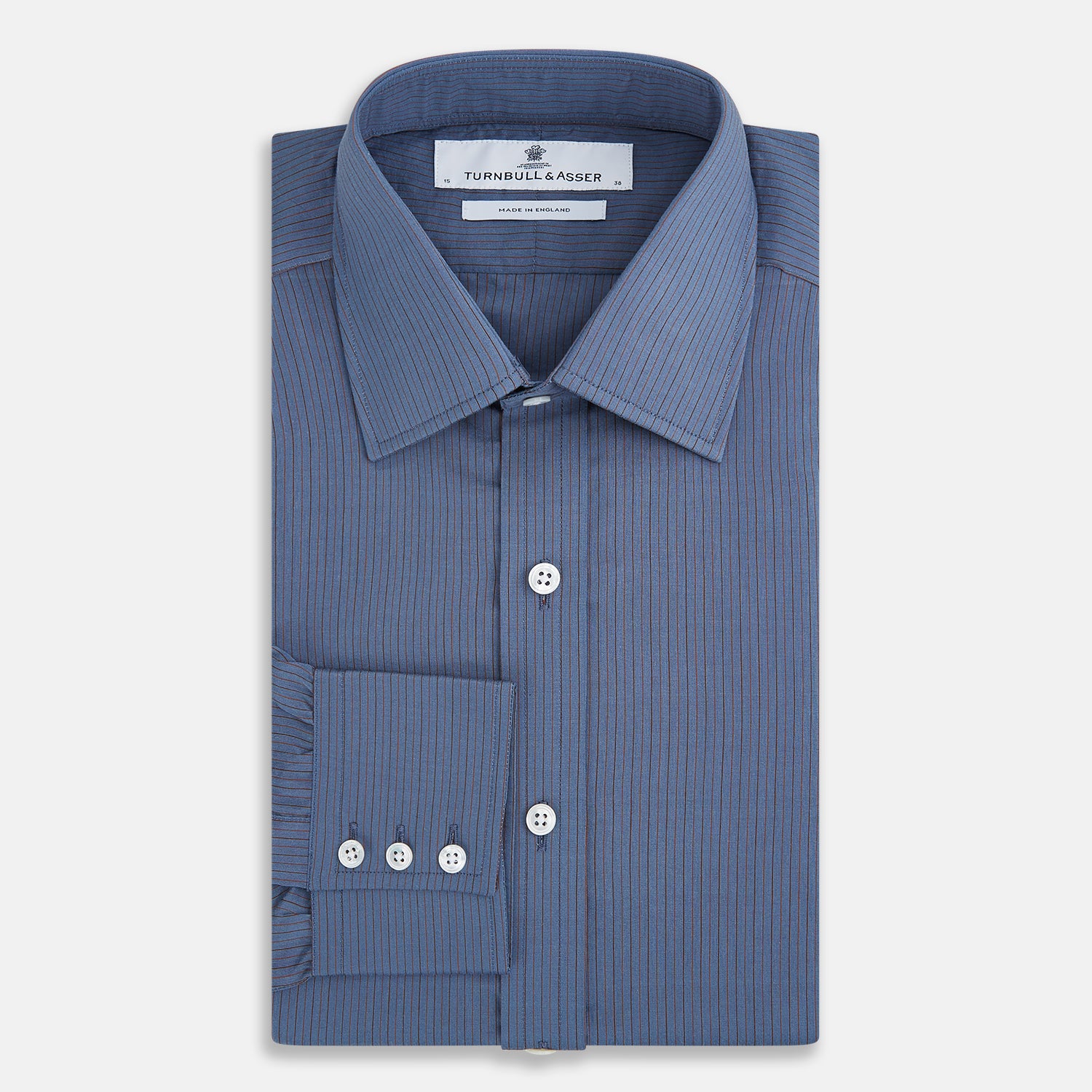 View 1 of product A neatly folded men's Mid Blue Red Stripe Regular Fit Mayfair Shirt by Turnbull & Asser, featuring long sleeves, classic collar, white buttons, and subtle red stripes—a hallmark of the brand’s renowned luxury.