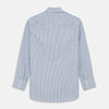 View 3 of product The Turnbull & Asser Blue and White Stripe Cotton Regular Fit Mayfair Shirt features long sleeves, a button-up front, collar, buttoned cuffs, and vertical stripes, shown on a white background.