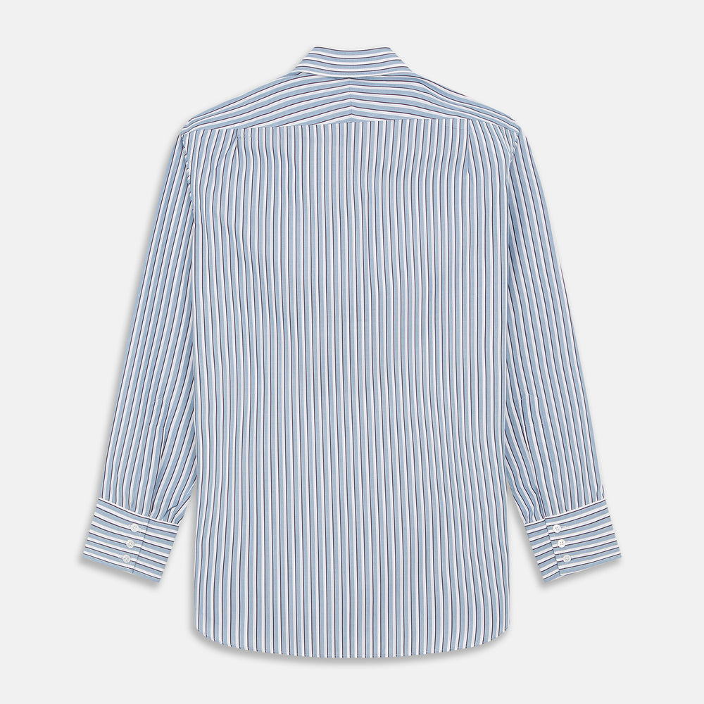 The Turnbull & Asser Blue and White Stripe Cotton Regular Fit Mayfair Shirt features long sleeves, a button-up front, collar, buttoned cuffs, and vertical stripes, shown on a white background.