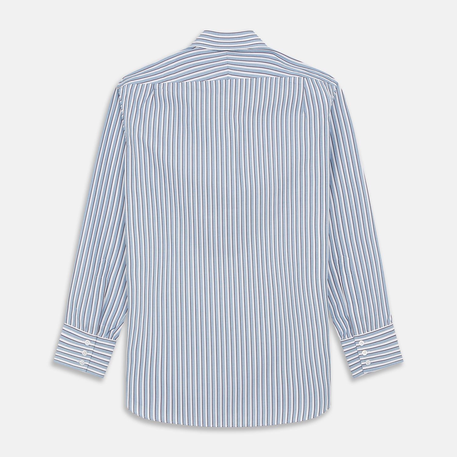 View 3 of product The Turnbull & Asser Blue and White Stripe Cotton Regular Fit Mayfair Shirt features long sleeves, a button-up front, collar, buttoned cuffs, and vertical stripes, shown on a white background.