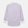View 3 of product The Turnbull & Asser Lilac Track Stripe Shirt with Contrast T&A Collar and Cuffs features vertical black stripes, a white pointed collar, and white cuffs, shown flat against a white background.