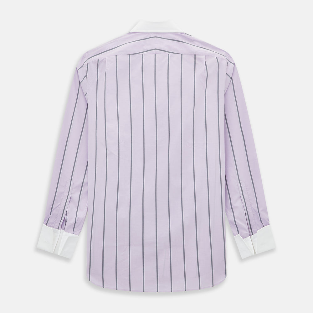 The Turnbull & Asser Lilac Track Stripe Shirt with Contrast T&A Collar and Cuffs features vertical black stripes, a white pointed collar, and white cuffs, shown flat against a white background.