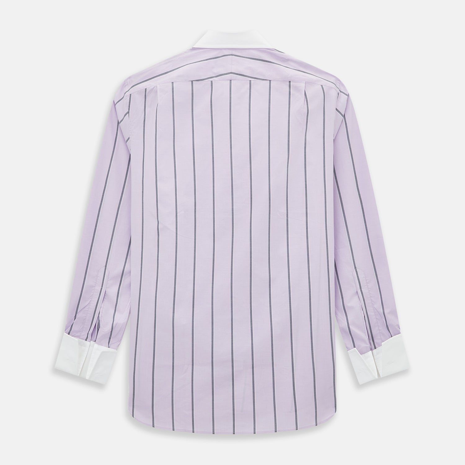 View 3 of product The Turnbull & Asser Lilac Track Stripe Shirt with Contrast T&A Collar and Cuffs features vertical black stripes, a white pointed collar, and white cuffs, shown flat against a white background.