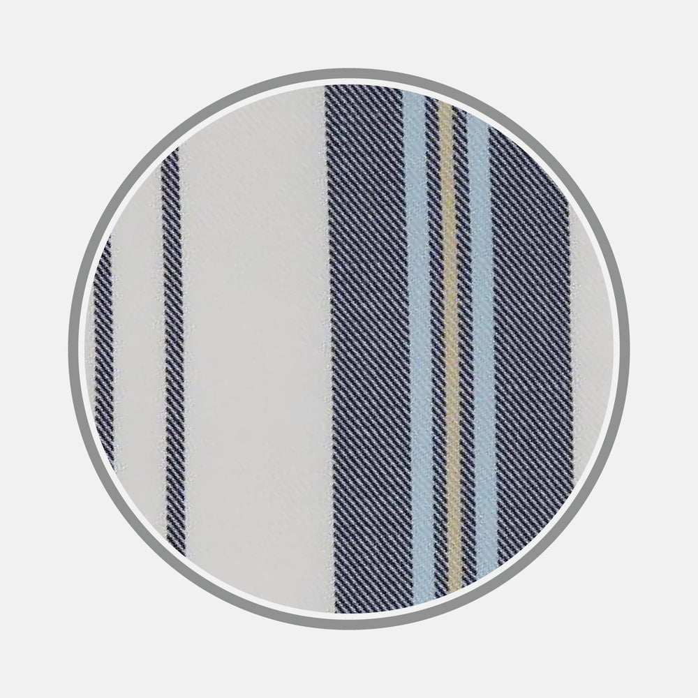 A close-up of Turnbull & Asser's Blue, Green & White Stripe Cotton Fabric is shown within a circular frame on a light gray background.