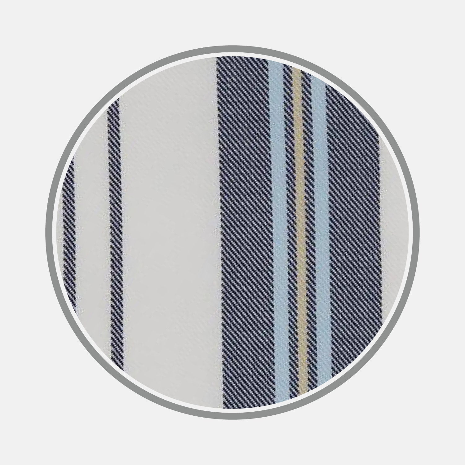 View 1 of product A close-up of Turnbull & Asser's Blue, Green & White Stripe Cotton Fabric is shown within a circular frame on a light gray background.