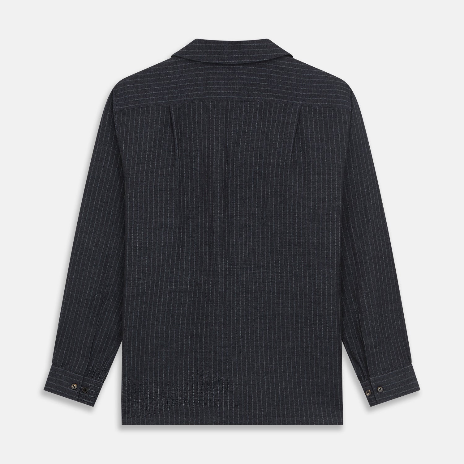 View 9 of product The Navy Tailored Pinstriped Shirt Jacket by Turnbull & Asser is a smart-casual, lightweight cotton-linen piece with long sleeves, a collar, left chest pocket, and front buttons for easy style.