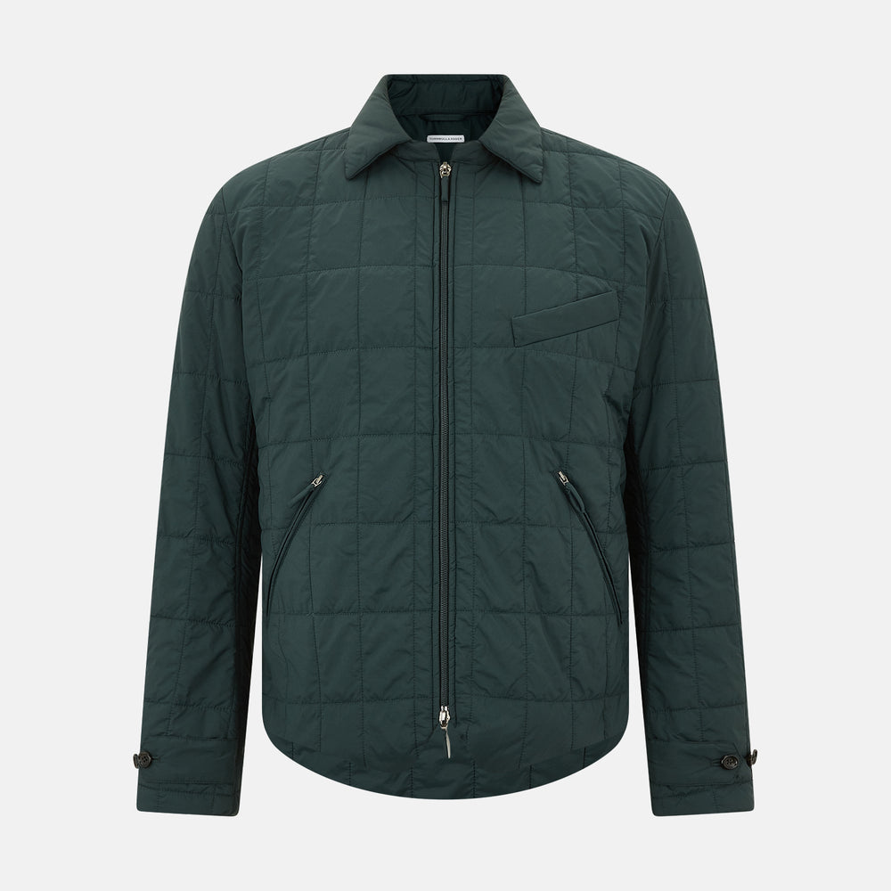 The Turnbull & Asser Battersea Forest Green Quilted Jacket for men features a front zipper, collared neckline, angled chest pocket, two zippered side pockets, and adjustable snap cuffs—shown on a plain white background.
