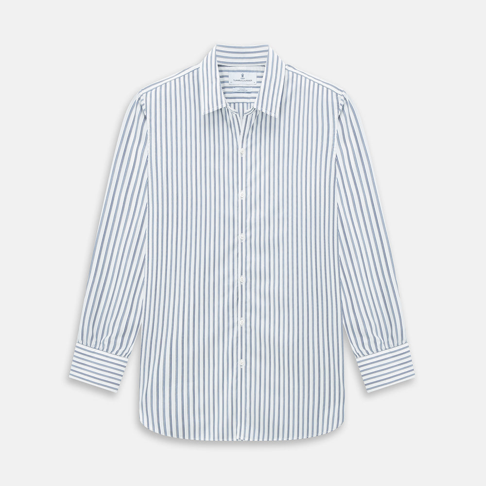 The SAPPHIRE BLUE MULTI TRACK STRIPE WINDSOR SHIRT by Turnbull & Asser features long sleeves, button-up front, classic collar, blue and white vertical stripes, buttoned cuffs, and showcases British craftsmanship on a white background.