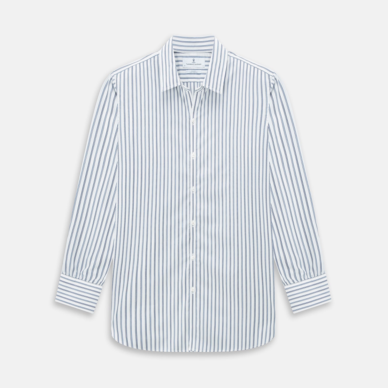 View 1 of product The SAPPHIRE BLUE MULTI TRACK STRIPE WINDSOR SHIRT by Turnbull & Asser features long sleeves, button-up front, classic collar, blue and white vertical stripes, buttoned cuffs, and showcases British craftsmanship on a white background.