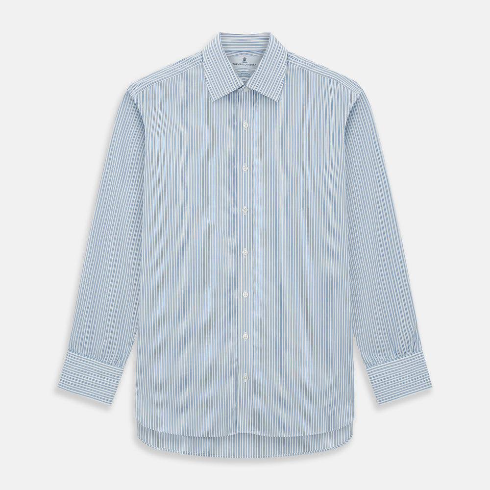 The Turnbull & Asser Sky Blue Double Stripe Mayfair Shirt features sky blue and white vertical stripes, a T&A collar, buttoned cuffs, and is displayed flat on a white background.