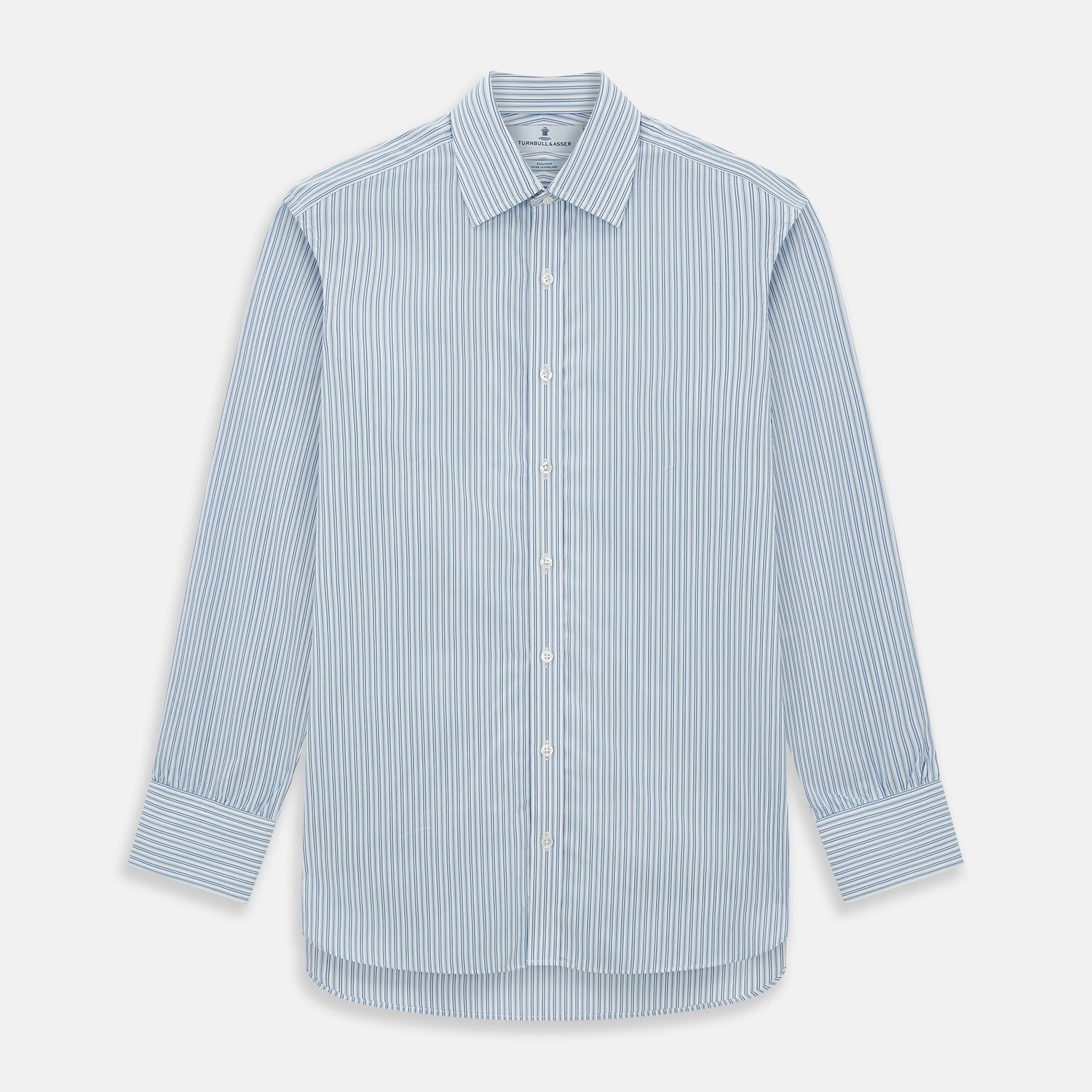 View 1 of product The Turnbull & Asser Sky Blue Double Stripe Mayfair Shirt features sky blue and white vertical stripes, a T&A collar, buttoned cuffs, and is displayed flat on a white background.