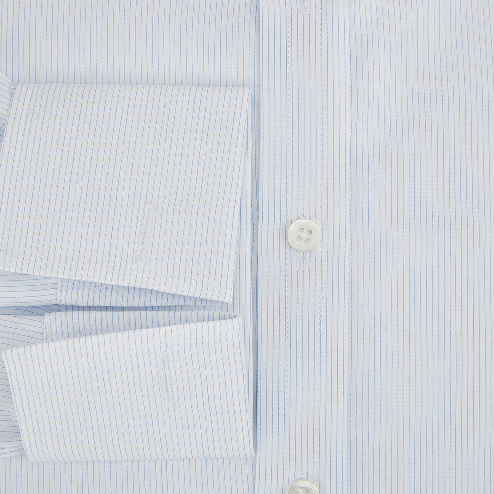 The Turnbull & Asser Blue and White Thin Stripe Shirt features a T&A collar and double cuffs, shown against a plain white background.