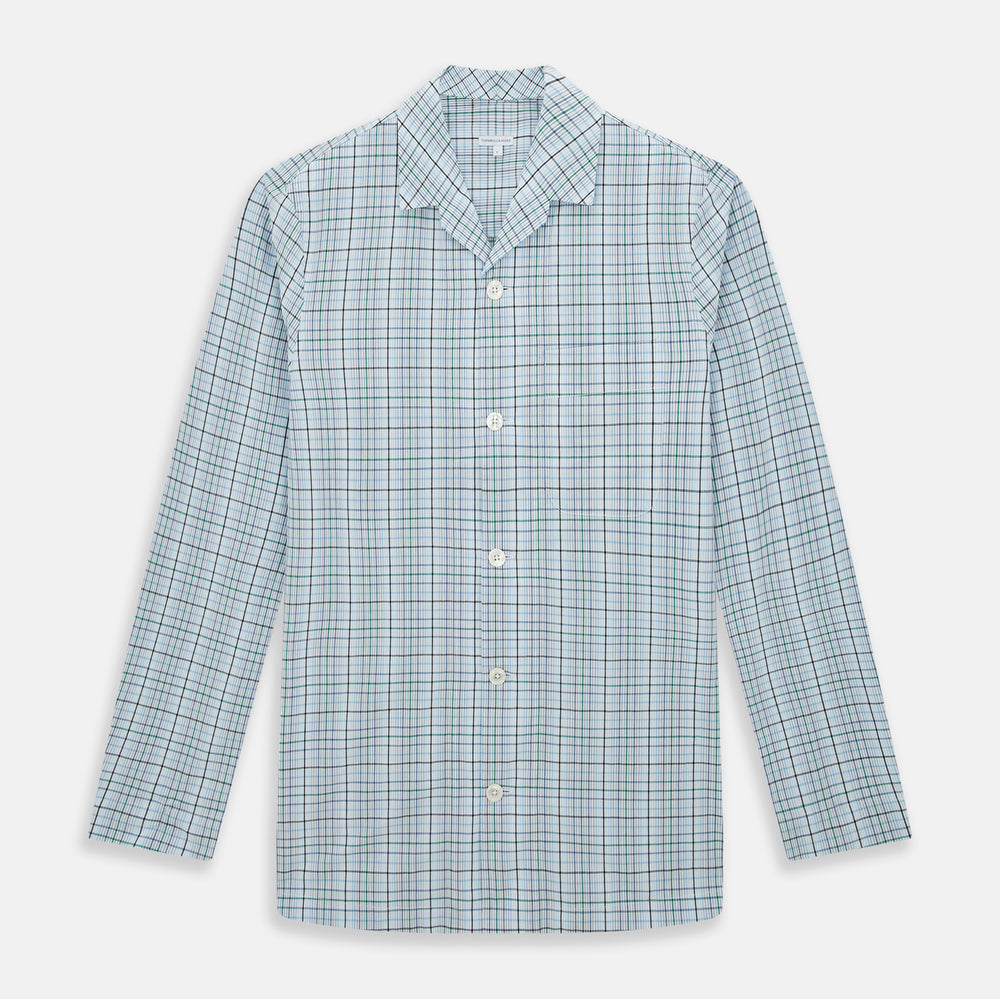 Turnbull & Asser’s Blue and Green Multi Check Pyjama Shirt features long sleeves and a button-up design with a blue and green plaid pattern—ideal for elegant loungewear or stylish nightwear.