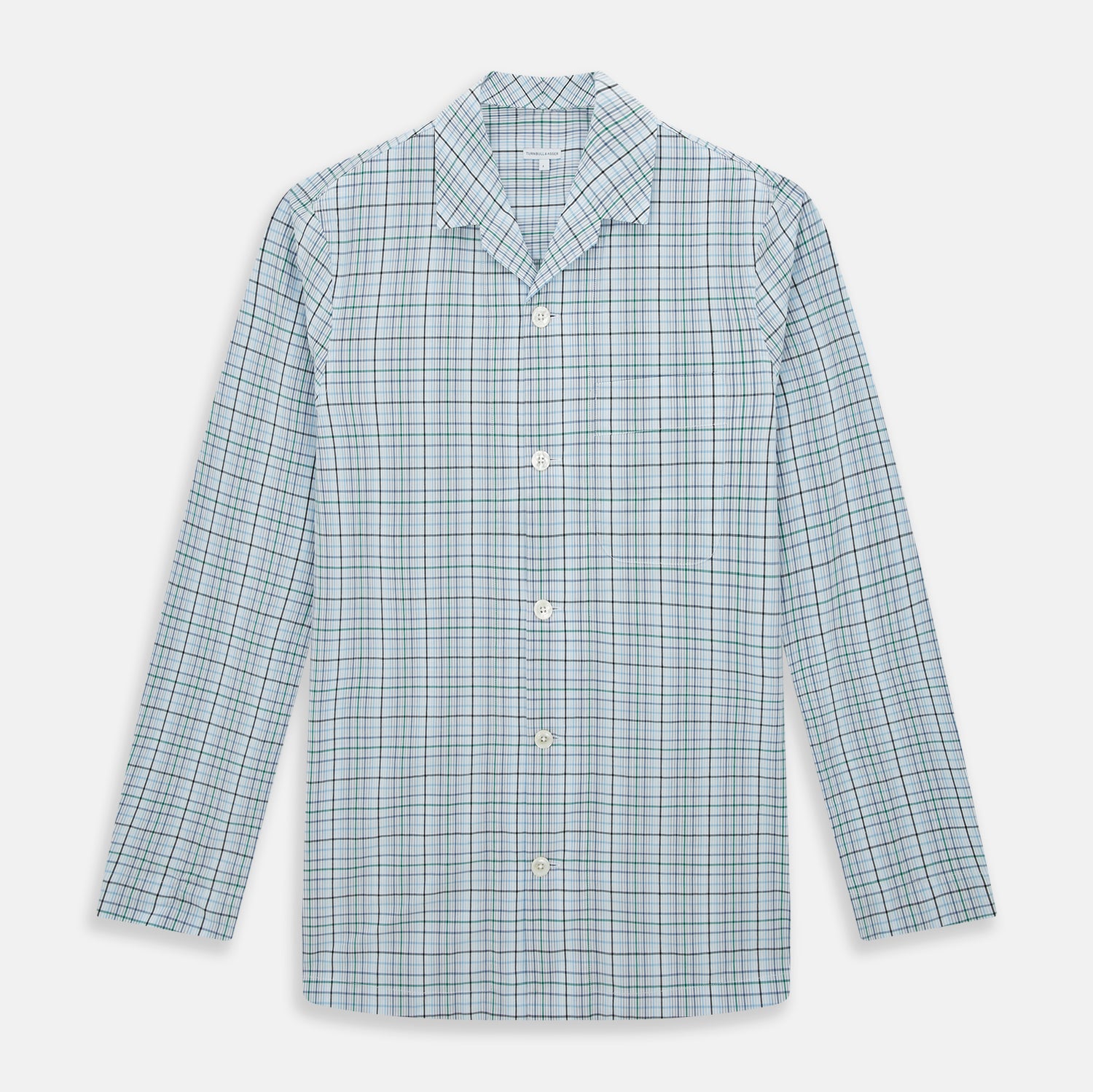 View 1 of product Turnbull & Asser’s Blue and Green Multi Check Pyjama Shirt features long sleeves and a button-up design with a blue and green plaid pattern—ideal for elegant loungewear or stylish nightwear.