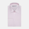View 1 of product A Turnbull & Asser Pink Cotton Shirt with a T&A collar and double cuffs is displayed against a white background. The men's shirt features long sleeves, white buttons, and the label is visible inside the collar.