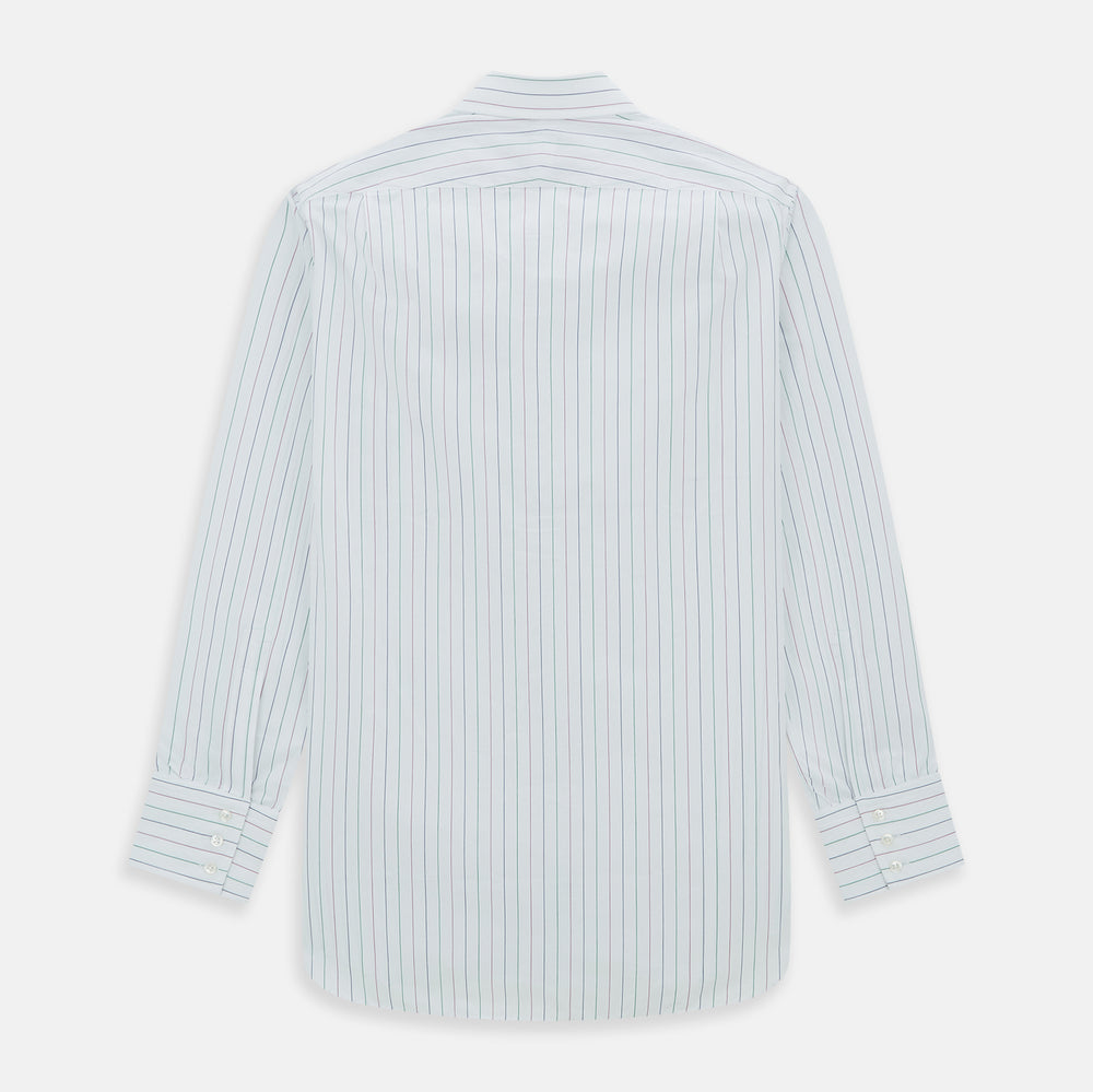 The Turnbull & Asser Pink and Green Wide Pinstripe Mayfair Shirt is a long-sleeve, button-up shirt made from organic cotton, shown laid flat on a white background.