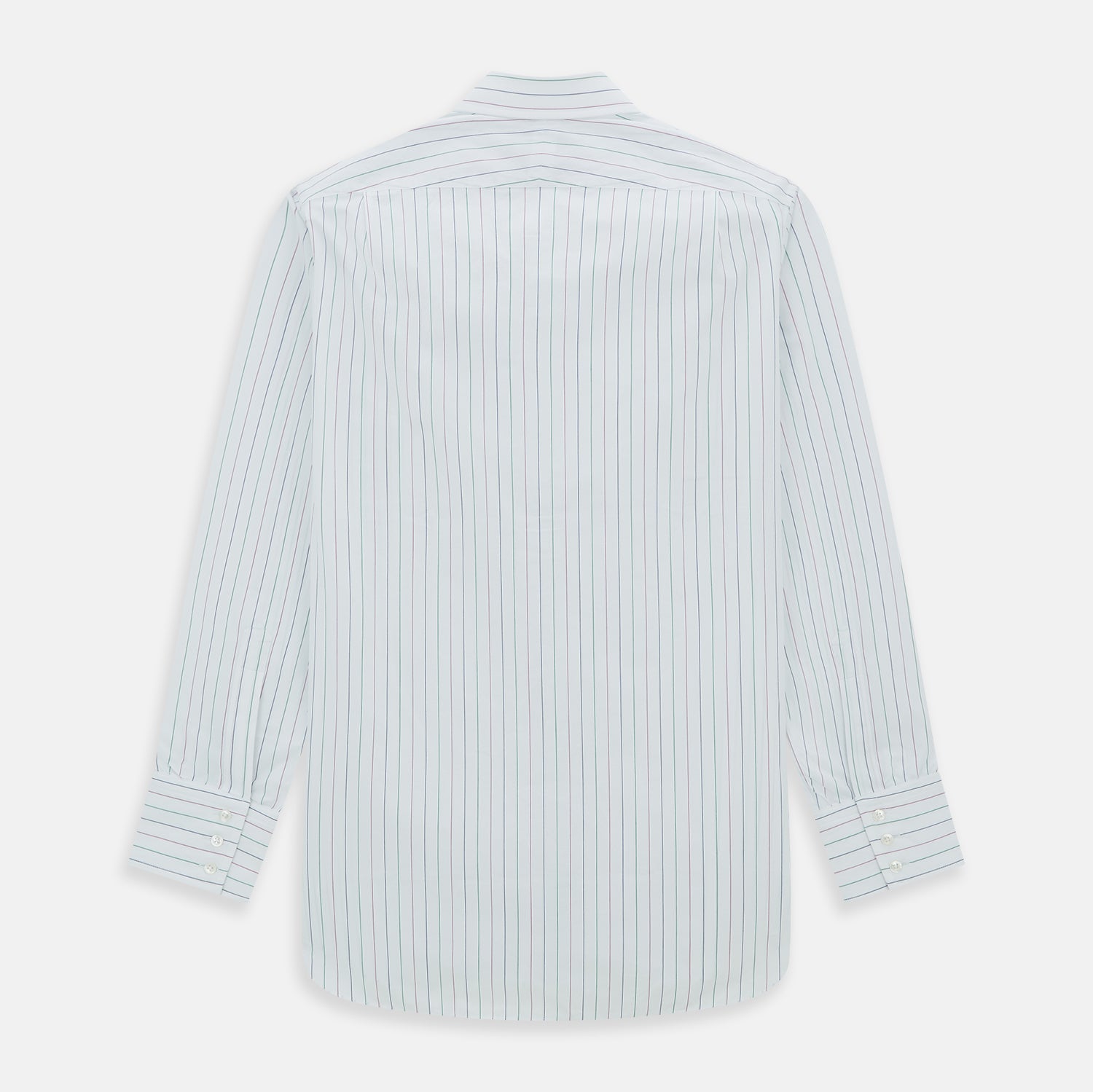 View 3 of product The Turnbull & Asser Pink and Green Wide Pinstripe Mayfair Shirt is a long-sleeve, button-up shirt made from organic cotton, shown laid flat on a white background.