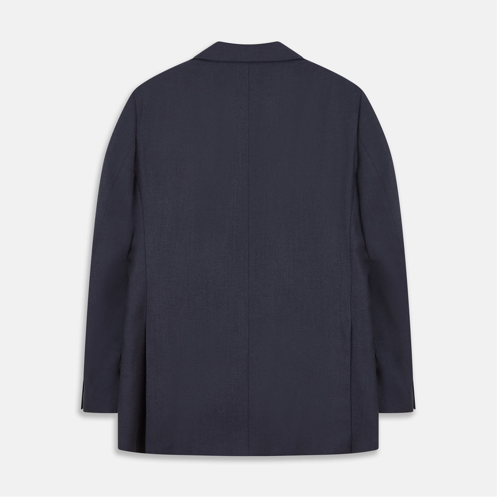 The Turnbull & Asser Navy Wool Blend Barrington Blazer features a notched lapel, single-button closure, three front pockets, and sleeve button accents, shown against a plain white background.