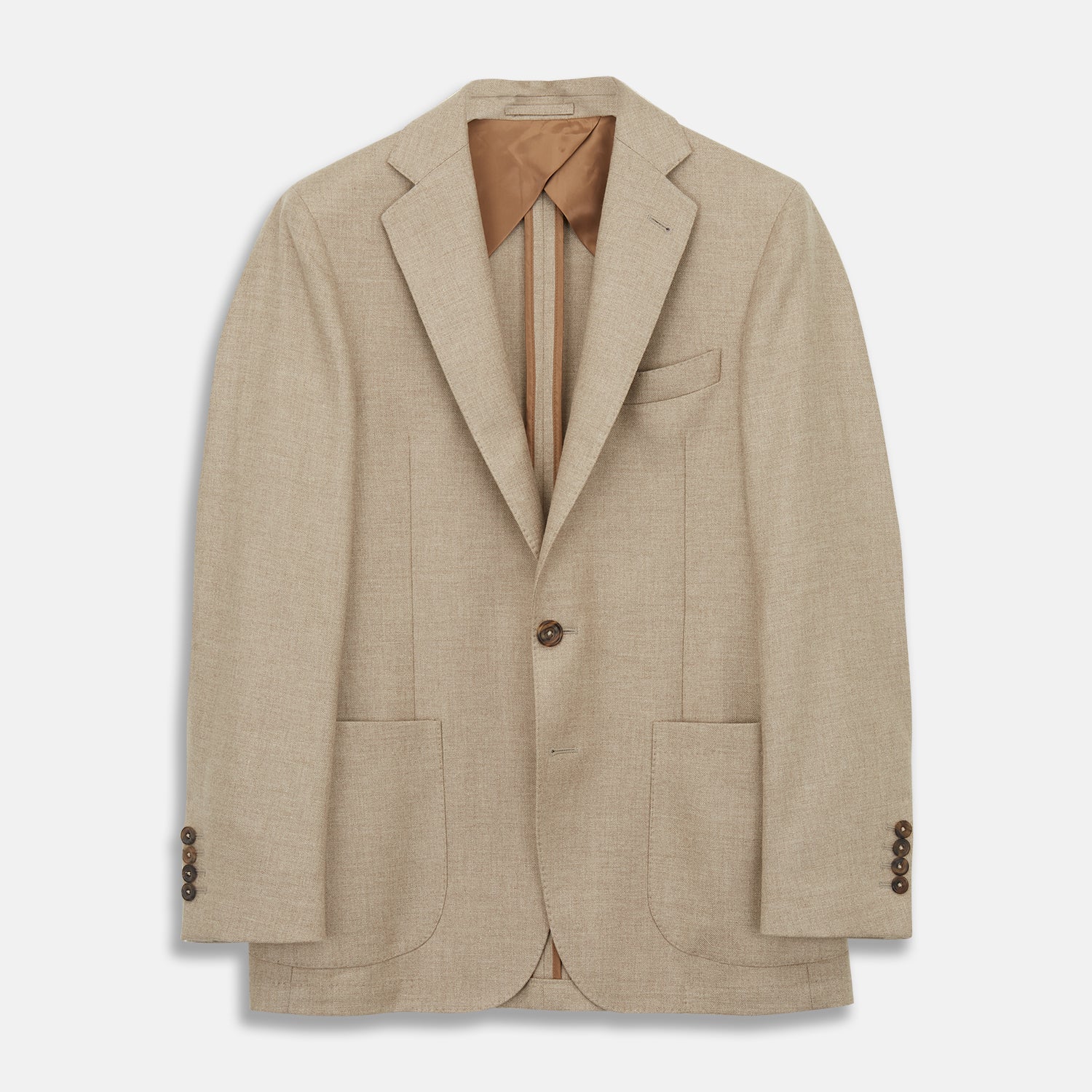 View 2 of product A man wearing the Beige Wool, Silk and Cashmere Bern Jacket by Turnbull & Asser over a matching shirt and olive green pants stands against a plain light gray background, looking to his left with a neutral expression.