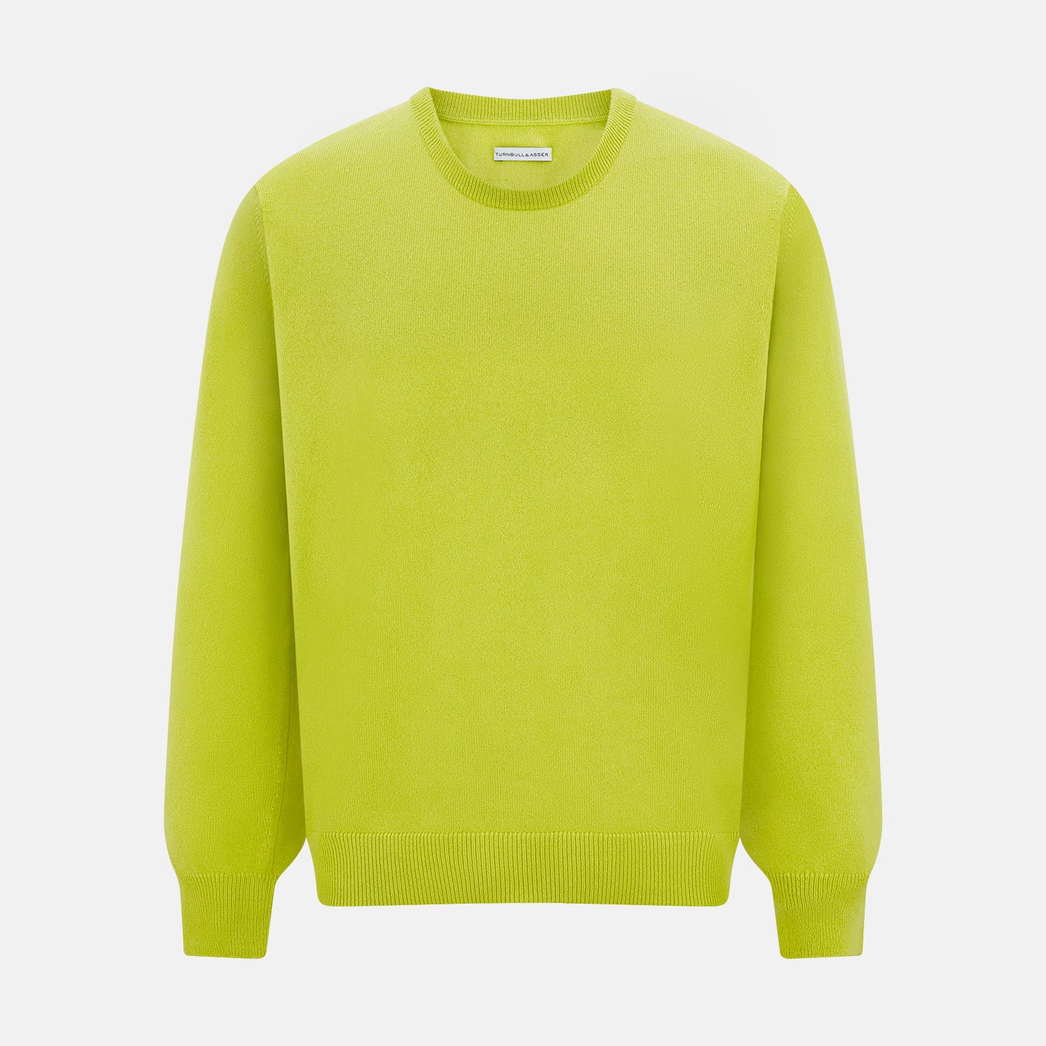 View 1 of product The Turnbull & Asser Lemon Green Cashmere Round Neck Jumper features long sleeves with ribbed cuffs and hem, displayed on a white background.