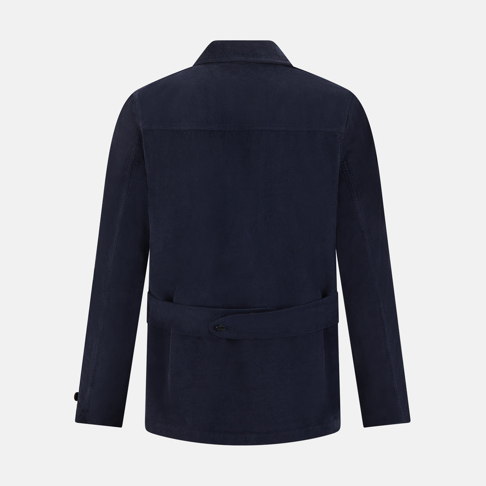 The Turnbull & Asser Light Navy Kingston Corduroy Caban Jacket features a double-breasted stretch cotton corduroy design with black buttons, notched collar, and long buttoned cuffs, displayed on a plain white background.