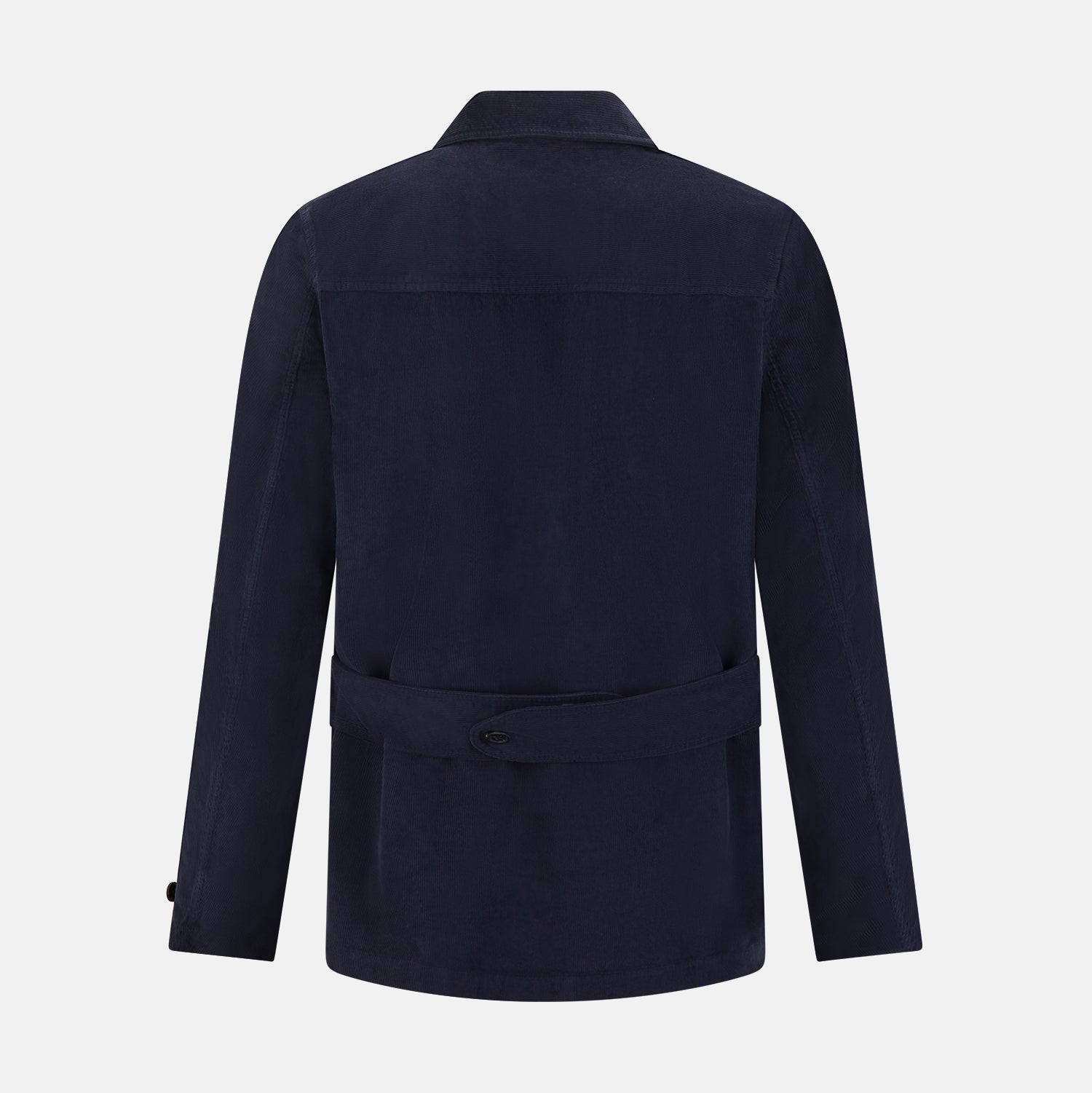 View 3 of product The Turnbull & Asser Light Navy Kingston Corduroy Caban Jacket features a double-breasted stretch cotton corduroy design with black buttons, notched collar, and long buttoned cuffs, displayed on a plain white background.